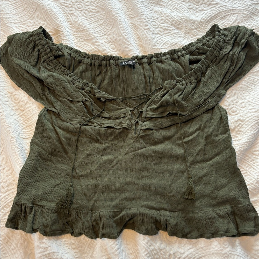 Express Olive Green Ruffled Blouse